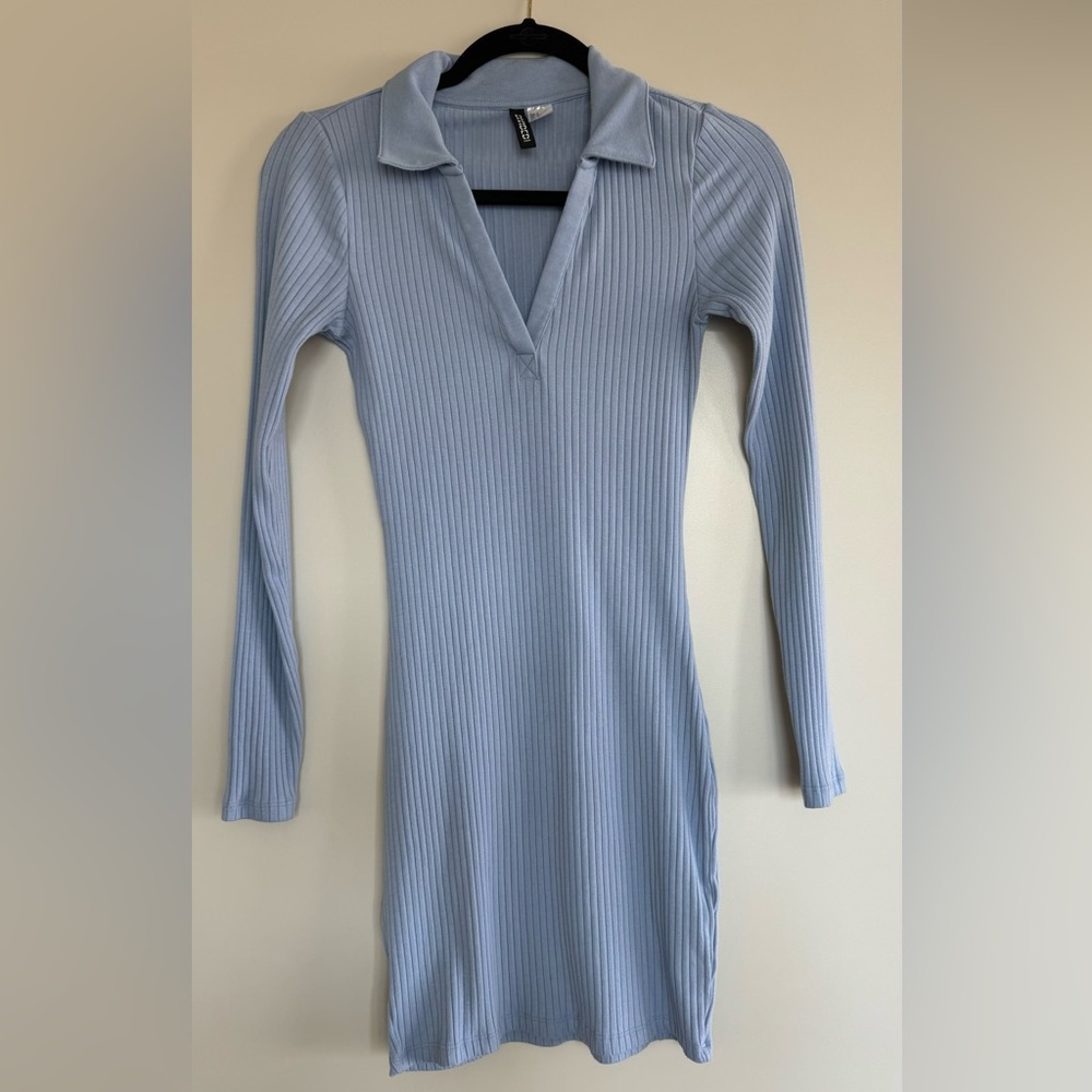 H&M | Dresses | Baby Blue Long Sleeve Ribbed Dress | Poshmark